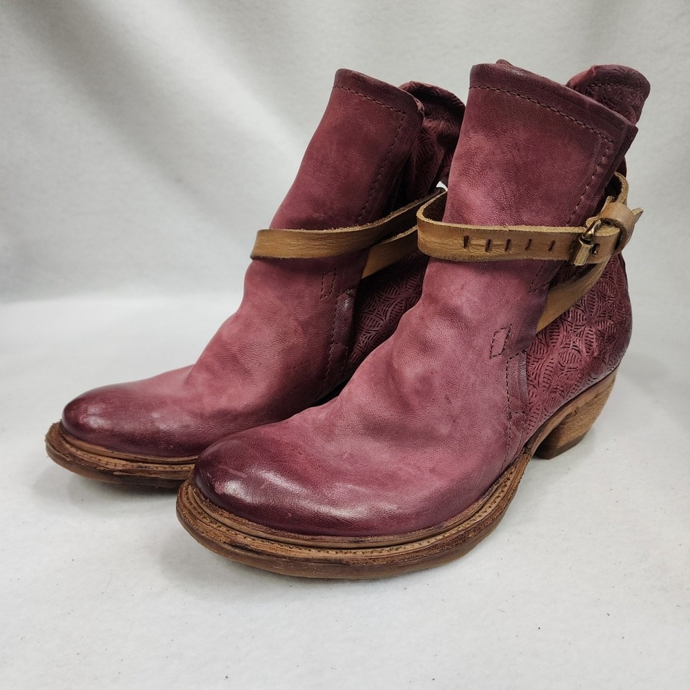 A.S.98 Airstep Women 37 Pink Brown Leather Ankle Round Toe Motorcycle Biker Boot